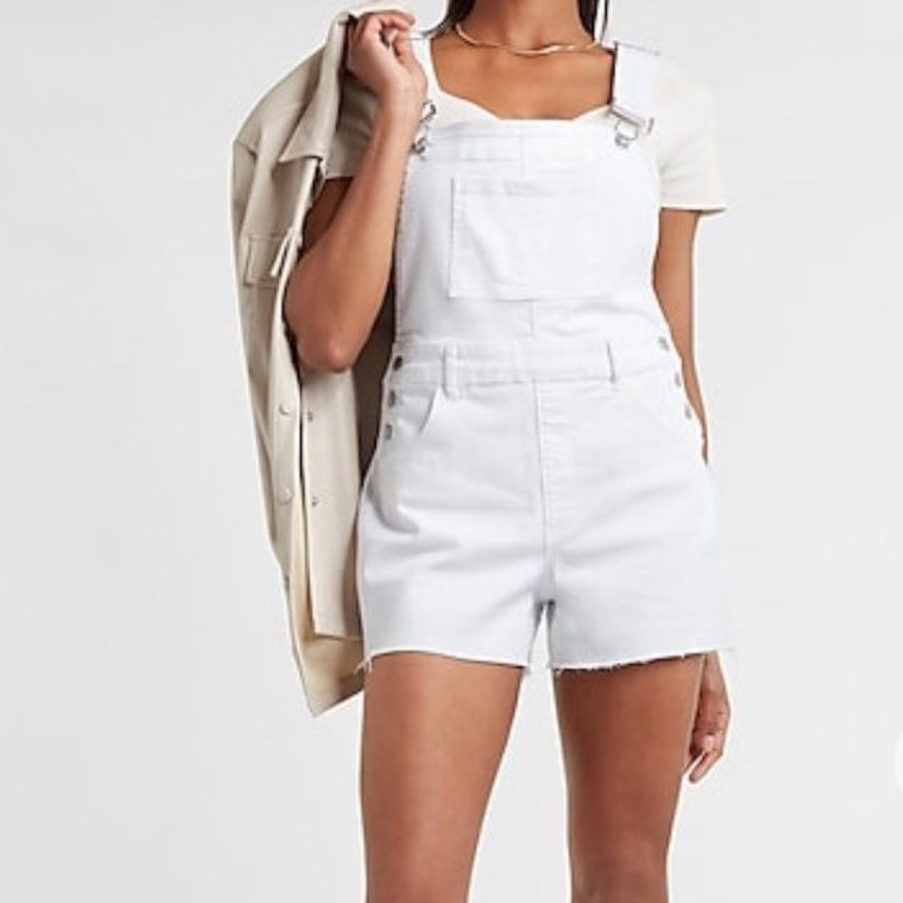 NWT • Express • White Raw Hem Jean Short Overalls (Size Small)